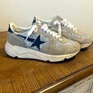 Golden Goose Women's Running Sole in silver glitter and dove gray suede
